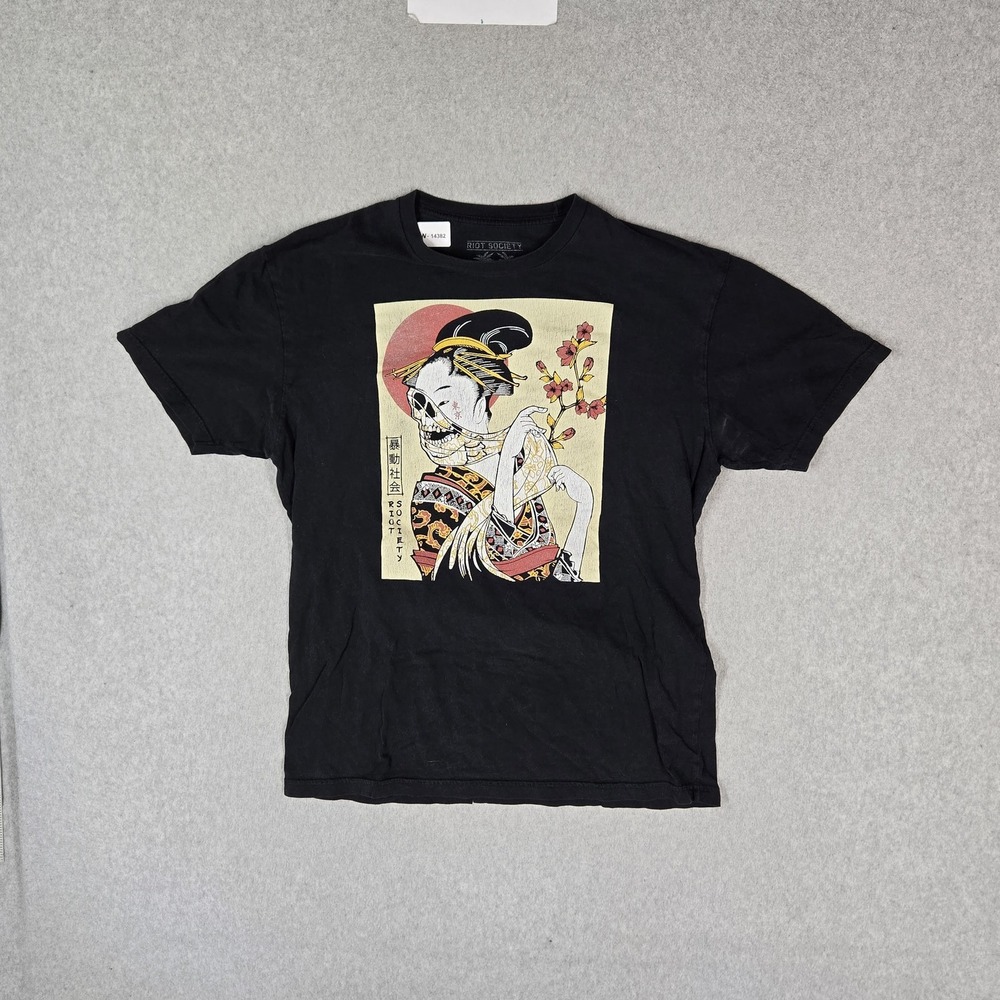 Riot Society Men Shirt L Black Graphic Geisha Skull Tee Logo Short Sleeve